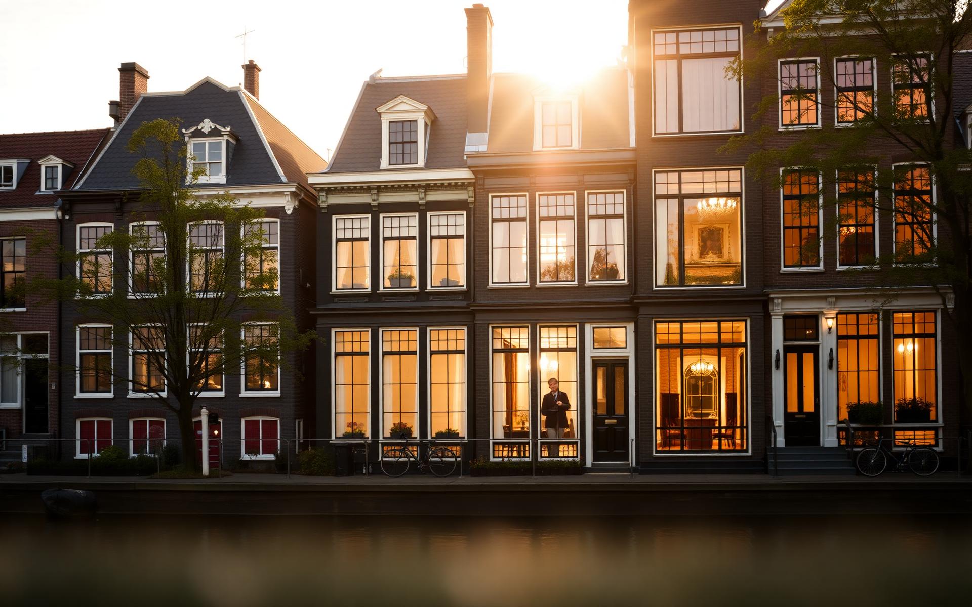 Den Haag grachtenpanden bij zonsondergang
